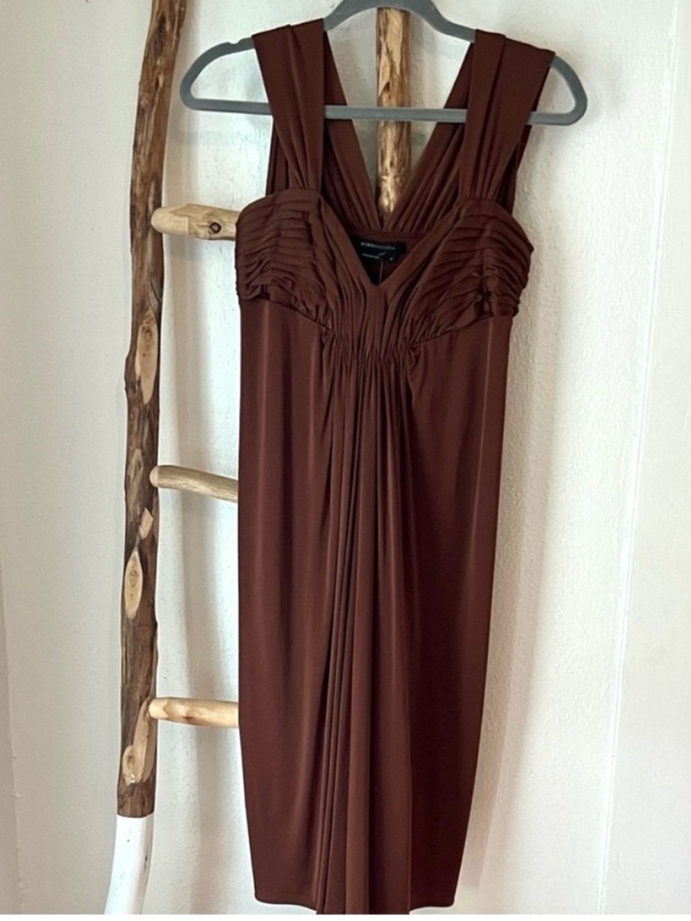 BCBGMaxAzria Chocolate Brown Ruched V-Neck Draped Stretch Jersey Midi Dress Smal